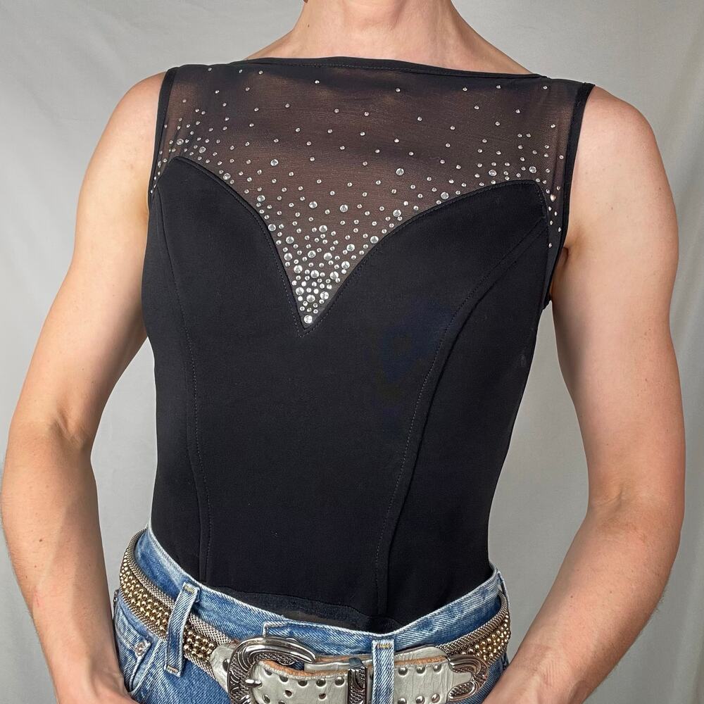 Cache vintage rhinestone bodysuit sleeveless illusion sweetheart Tadashi 90s S - Picture 12 of 17